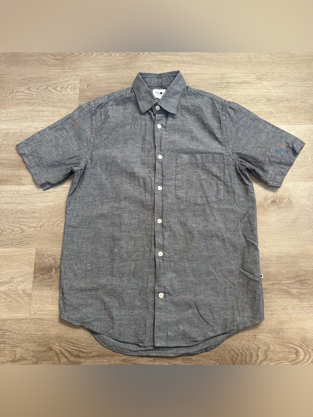 NN07 Men's Gray Chambray Short Sleeve Button-Up Shirt Cotton Linen Medium